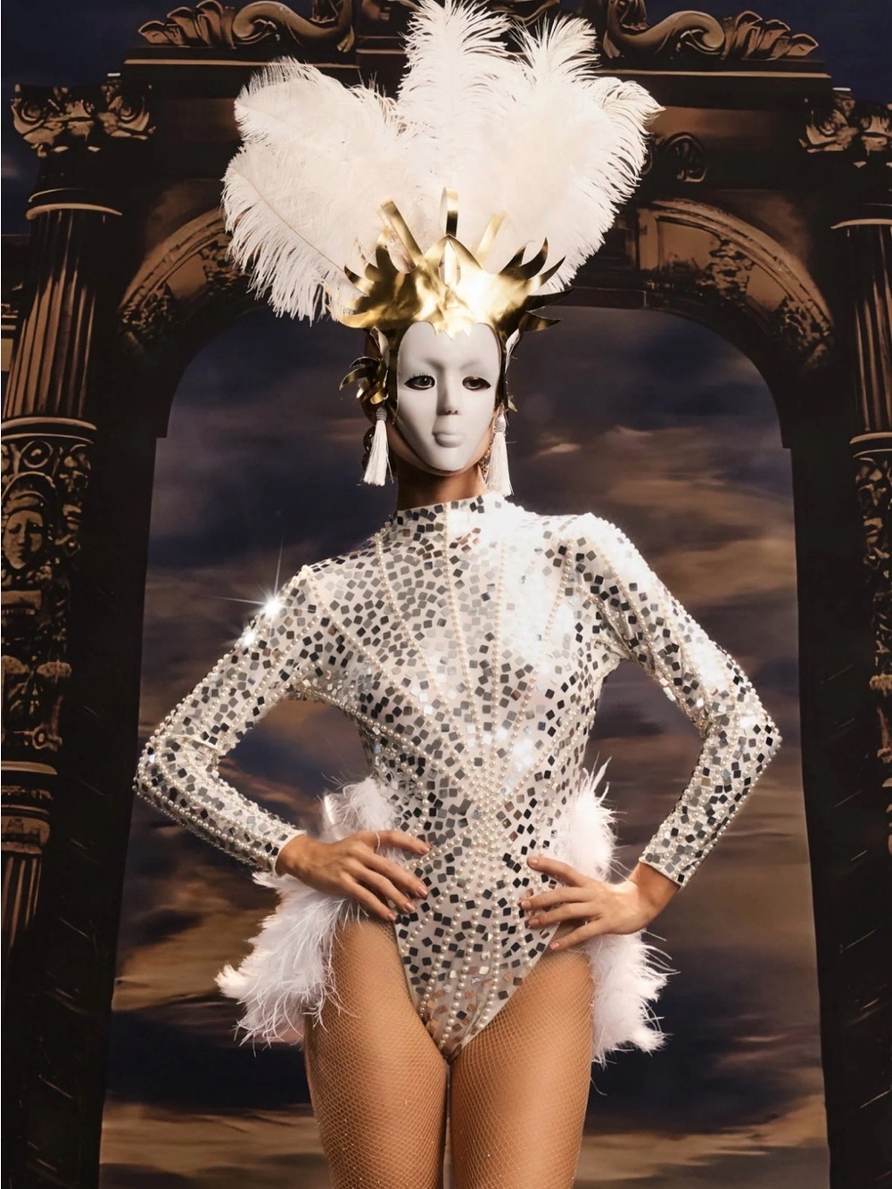 Sparkling White Sequin Performance Bodysuit with Feather Accents